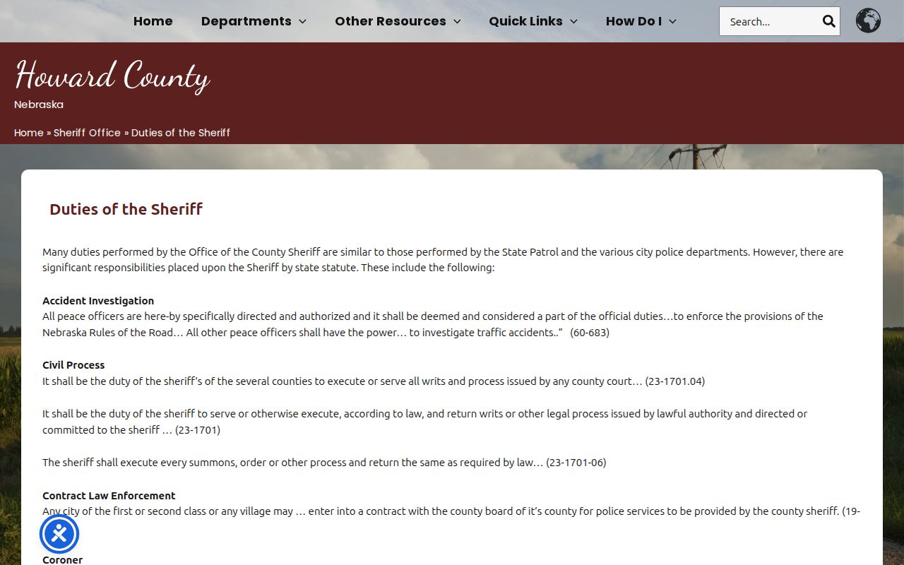 Howard County arrest and custody duties of the sheriff