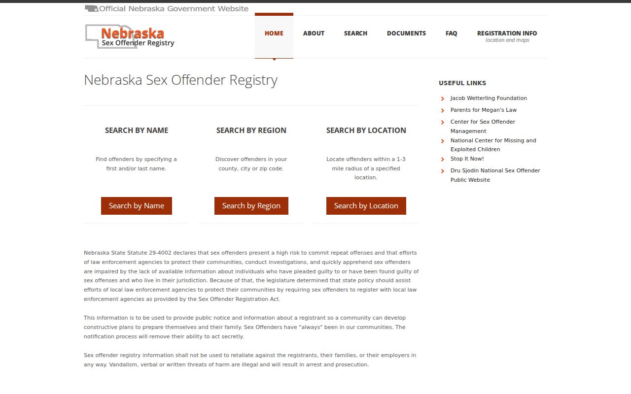 Howard County sex offender check on the Nebraska registry search landing page